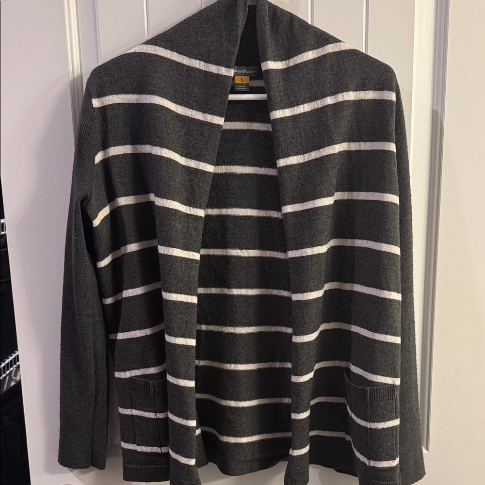 Eddie Bauer Striped Gray and White Cardigan